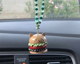 Rear view mirror hanging car charm || Cheeseburger cat kawaii  unique cute aesthetic dangle beaded jewelry ornament accessory decoration