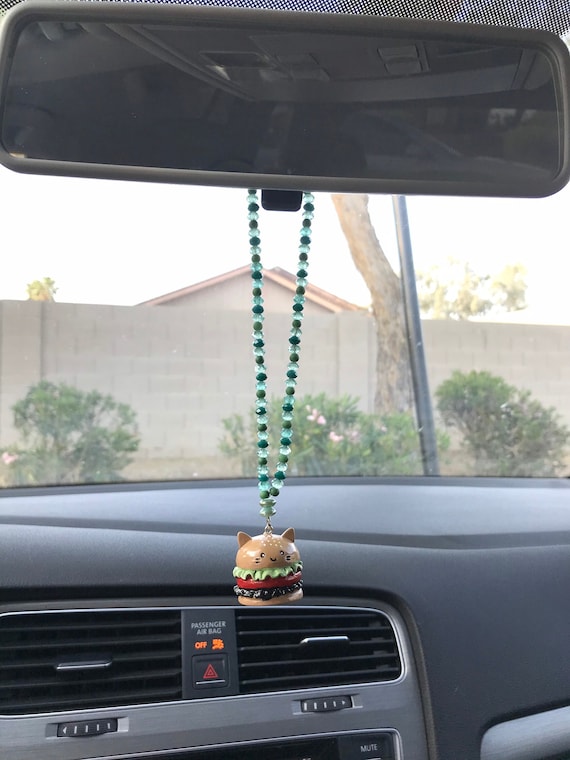 Rear view mirror hanging car charm || Cheeseburger cat kawaii unique cute  aesthetic dangle beaded jewelry ornament accessory decoration