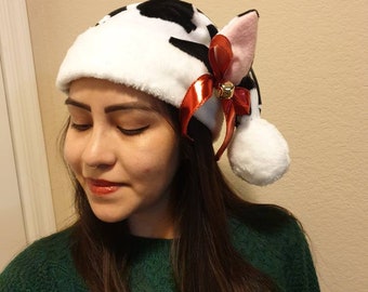 Cow spot aesthetic cute kawaii santa winter Christmas hat with bells and ears Cow santa hat