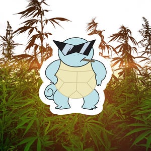 May include: A light blue cartoon turtle wearing black sunglasses and smoking a cigarette, set against a backdrop of green cannabis plants. The turtle has a beige shell and is outlined in black.