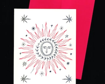 Celestial Sun Illustrated Risograph Printed Greeting Card