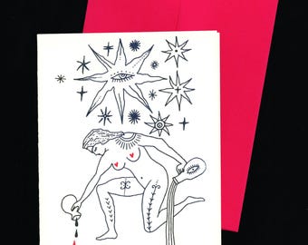 Celestial Woman and Stars Illustrated Risograph Printed Greeting Card