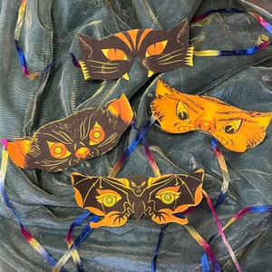 Set of 4 Vintage Cat Halloween Paper Masks Risograph Printed
