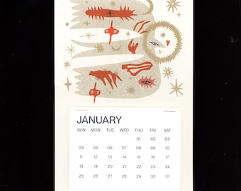 Vintage Gold & Red Bird Risograph Tear-Off Calendar 2026