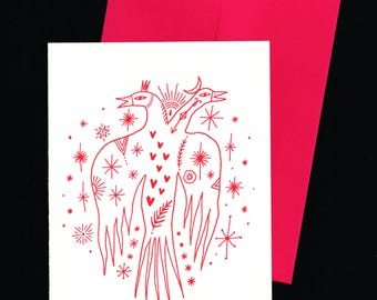 Celestial Bird Illustrated Risograph Printed Greeting Card