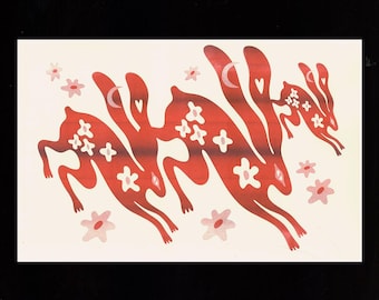 Cream Running Rabbits Risograph-Printed Poster