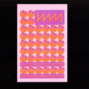 May include: A pink and orange geometric pattern with a repeating circle design. The circles are divided into segments of orange and purple. The top of the design features a purple rectangle with the text "WWW" in a jagged font.