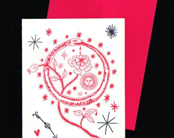 Celestial Snake & Rose Illustrated Risograph Printed Greeting Card