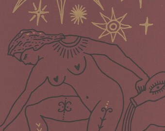 Radiant Woman and Stars Illustrated Risograph Poster