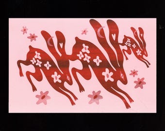 Pink Running Rabbits Risograph-Printed Poster