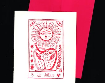 Celestial Le Soleil Tarot Illustrated Risograph Printed Greeting Card