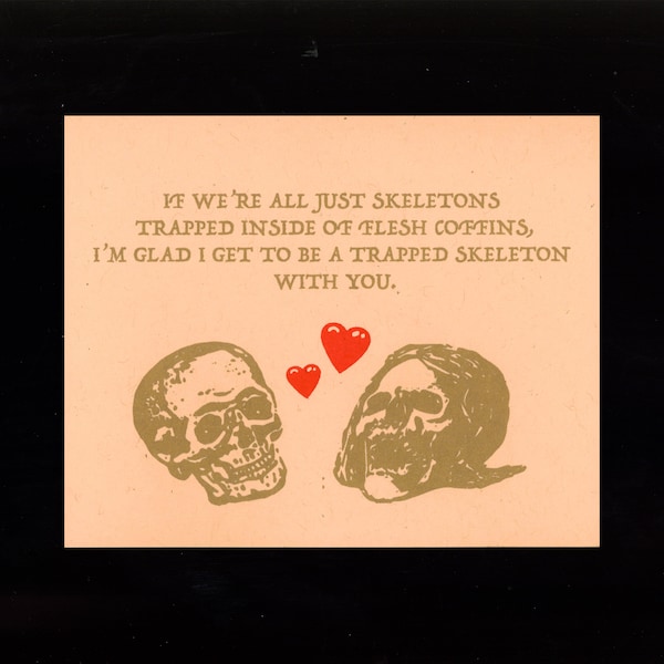 Tarjeta de aniversario con risografía de esqueleto: amistad, amor y San Valentín