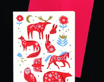 Nordic Creatures Illustrated Risograph Printed Greeting Card