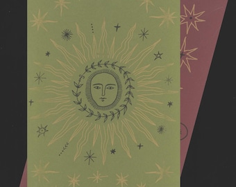 Radiant Sun on moss green paper illustrated Risograph Poster