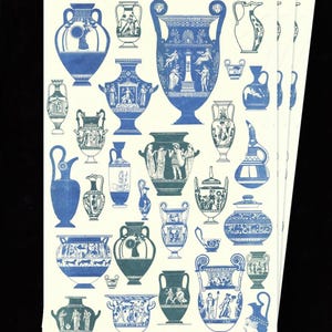 May include: A collection of paper sheets featuring blue and white illustrations of ancient Greek pottery. The designs include various shapes of vases, amphorae, and other vessels, with detailed depictions of figures and scenes.