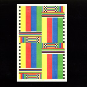 May include: A rectangular artwork with a repeating pattern of vertical stripes in yellow, red, blue, and green. The design includes horizontal bands with black, white, and checkered patterns. The artwork is framed with a black and white checkered border.