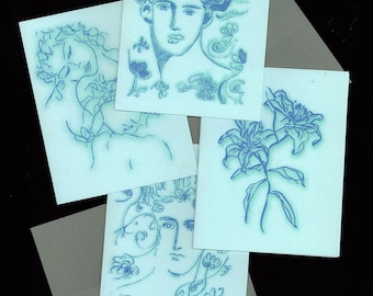 4-Pack Blue Illustrated Faces and Flowers Risograph-Printed Cards