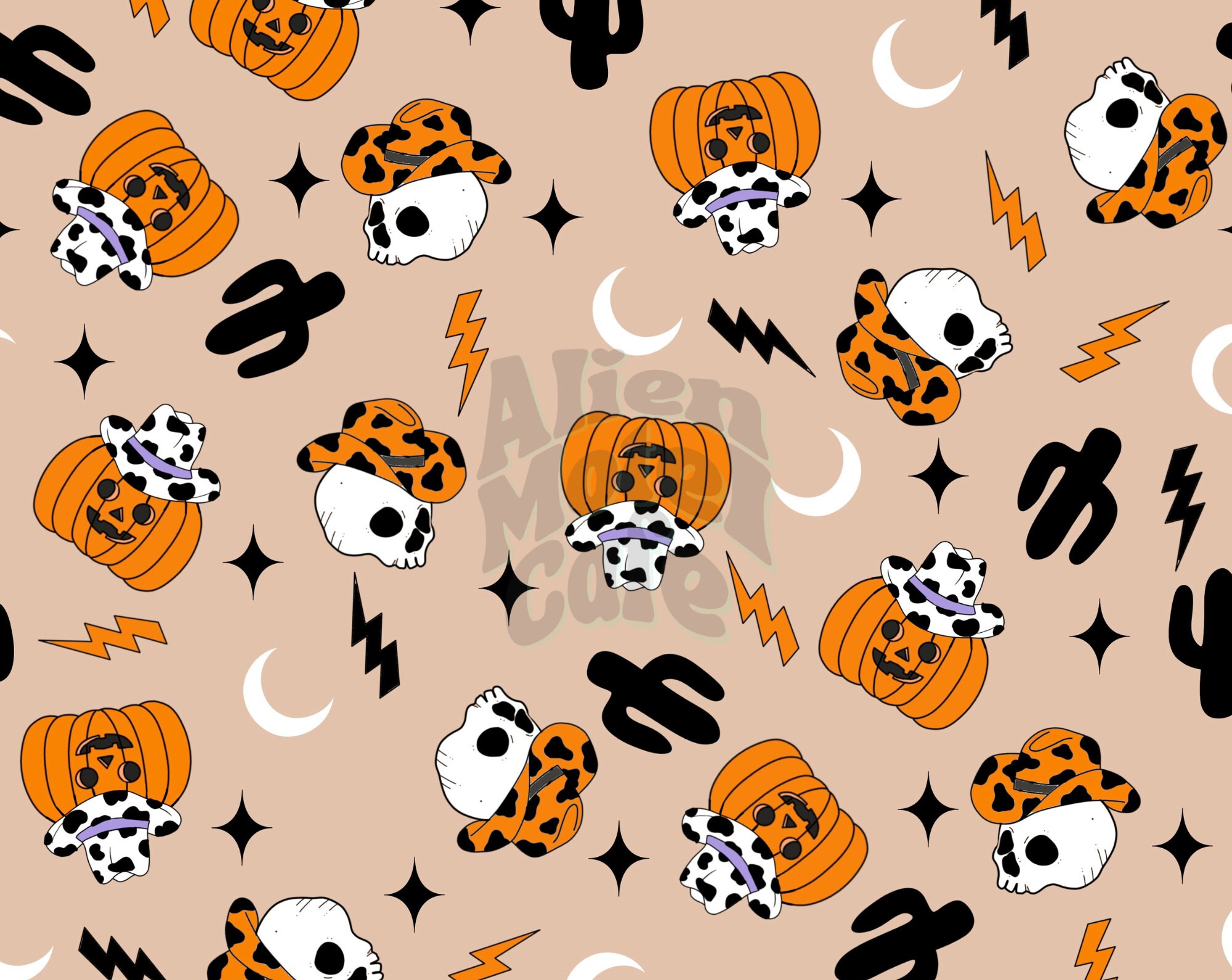 Western Halloween Spooky Season Pumpkin Cow Print Seamless - Etsy