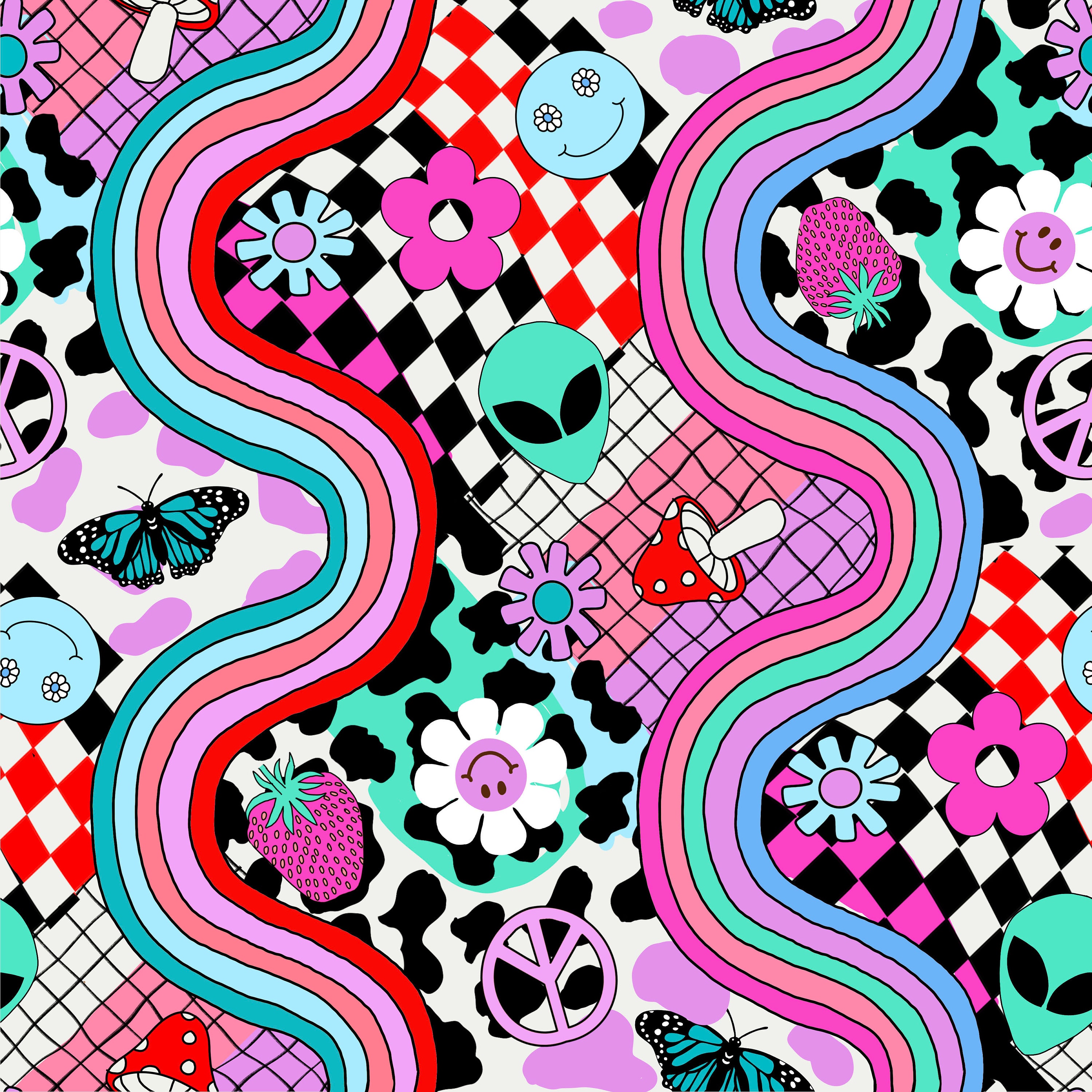 Aesthetic collage alien cow print checkerboard y2k seamless Etsy