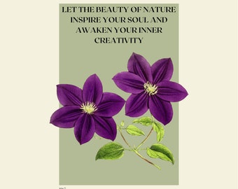 Flor de clemátide vintage / Arte de pared imprimible digital / Decoración floral del hogar / Ilustraciones de peonía vintage / Decoración de pared botánica / Cita de flores