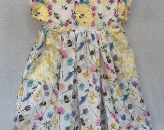 Girl's Dress, Summertime Clothes, Springtime Floral Design, Bees and Honeycomb Girl’s Wear, Roomy Pockets, 100% Cotton