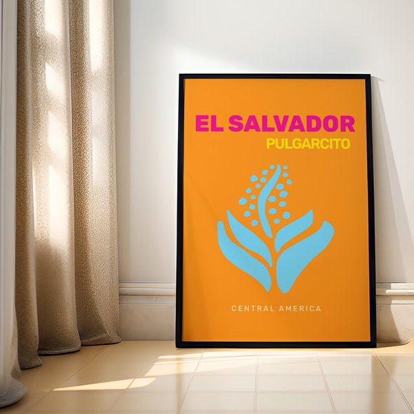 Colorful travel poster, El Salvador Travel Poster, Latin American Art, Maximalist Decor, Colorful Posters