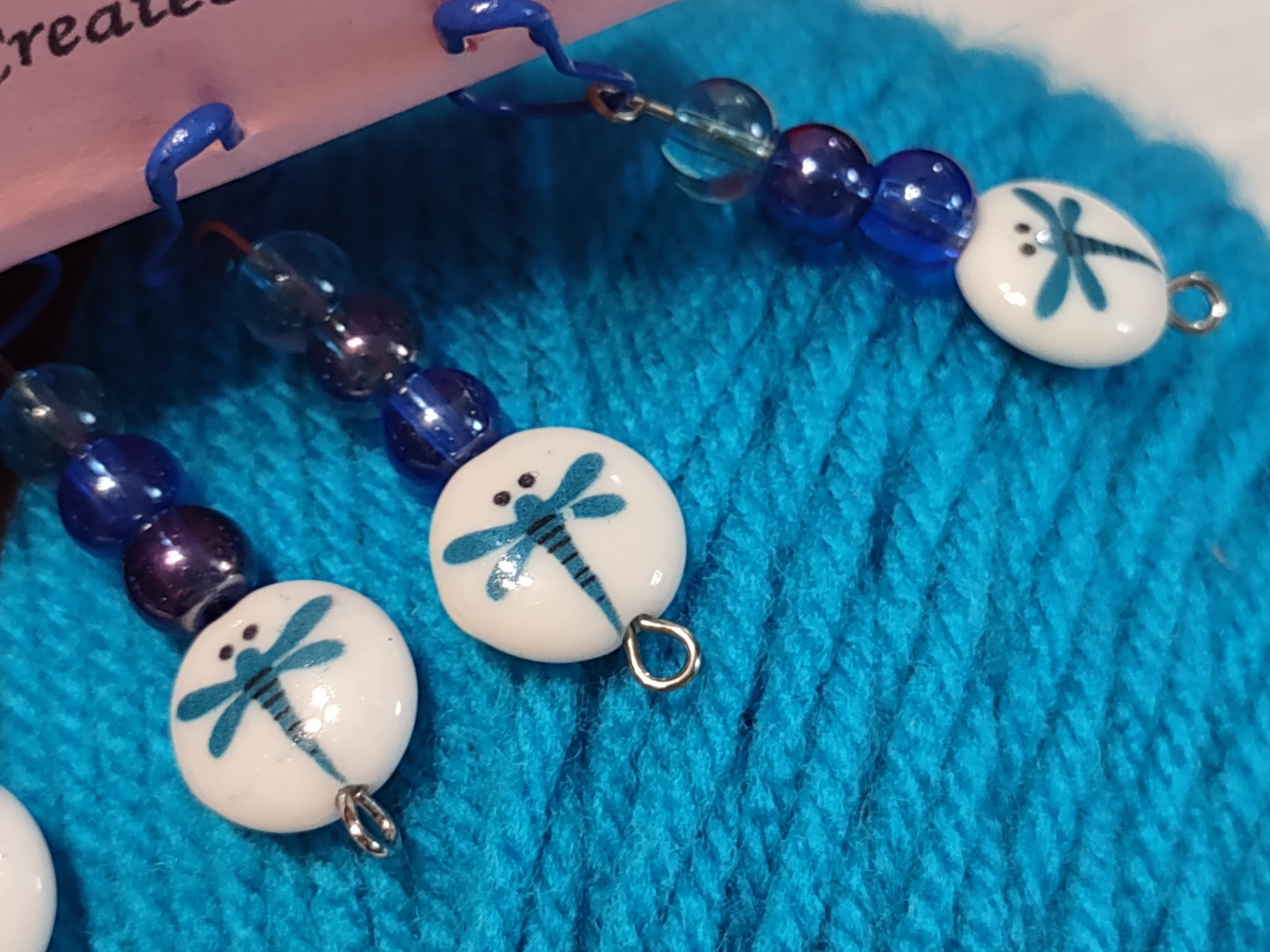 Stitch Markers Blue Dragonfly Beaded Crochet Knitting Knit Set of 5
