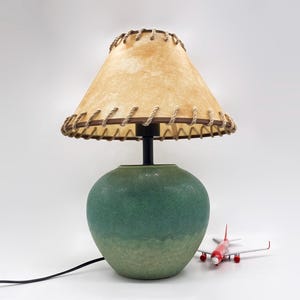 GDMES T046-6,Unique Rustic Lamp with Green Ceramic Base and Cowboy-Style Shade,Ceramic Table Lamp, Bedroom Nightstand Lamp,Rustic Table Lamp