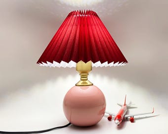 Pink Ceramic Table Lamp with Dark Red Fabric Lampshade,Handcrafted Designer Desk Lamp, Customizable Lampshade, 110-240V / 50-60Hz