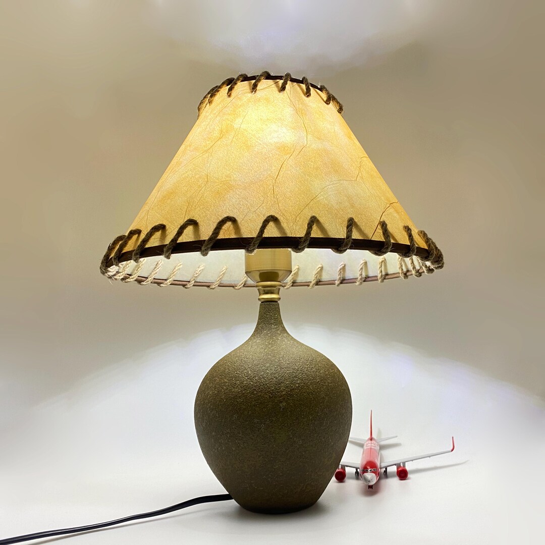 GDMES T042,rustic Ceramic Table Lamp With Beige Rope-wrapped Lampshade,handmade Lighting for ...