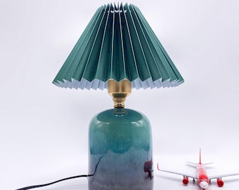 GDMES T039-24-G, Deep Green Fabric Table Lamp,Ceramic Table Lamp,Ceramic Nightstand Lamp,Bedroom Table Lamp,Room Night Lamp,Green Table Lamp