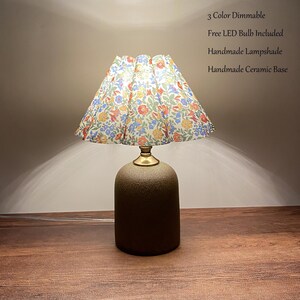 Handmade Floral Pleated Lampshade, Ceramic Base Table Lamp, 3-Color Dimmable Bedside Light