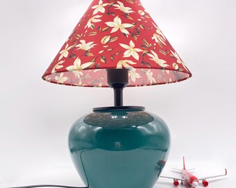 Handmade Ceramic Table Lamp, Red Floral Lampshade, Bedroom Nightstand Light