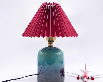 GDMES T039-24-R,Ceramic Table Lamp,Red Fabric Lampshade,Handmade Desk Lamp with High-Quality Socket and Cloth Cord,Decorative Bedside Lamp