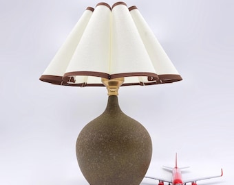 Handcrafted Rustic Ceramic Table Lamp, Fabric Lampshade with Brown Trim, Bedroom Table Lamp,Boho Desk Lamp,Living Room Lighting,Decor Lamp