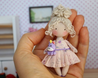 Mothering Sunday gift Rag doll with unicorn miniature fabric doll collectible doll mom gift grandma gift i love you mom easter gift