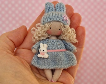 St Valentine gift miniature rabbit bunny doll, miniature fabric dollhouse doll Tiny cloth art doll, mini textile pocket doll, small rag doll