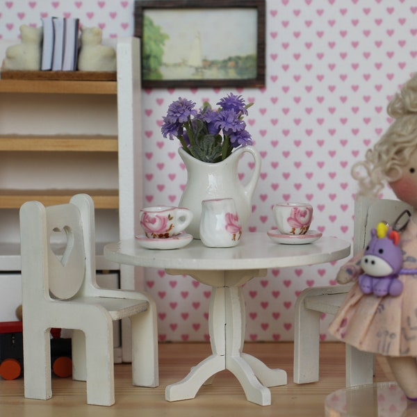 Kit de meubles en bois pour maison de poupée miniature à l'echelle 1/16, chaises et table ronde de salon ou de salle à manger pour poupée