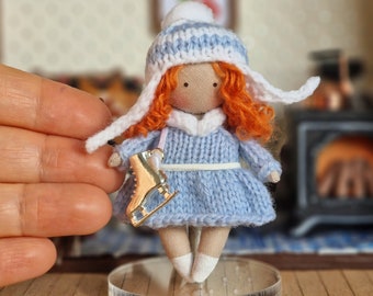 Personalized gift for Christmas for mom or granny miniature cloth doll in winter outfit, mini rag textile doll, fabric red hair doll