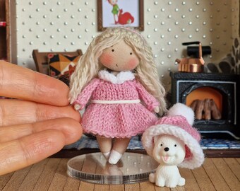 Personalized gift for mom or granny miniature cloth doll in winter outfit with little dog, mini rag textile doll, fabric doll in white dress