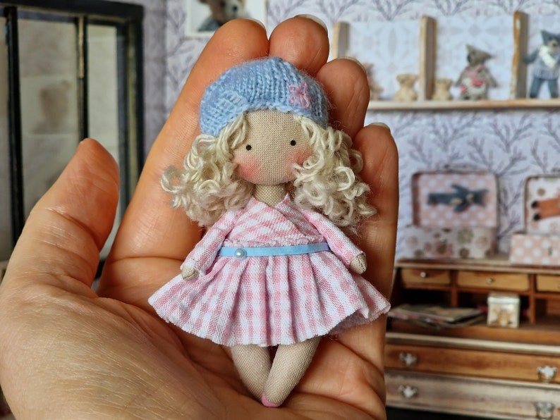 Miniature fabric doll, cloth custom doll, tiny textile personnalized doll gift for st Valentine for her, miniature rag doll image 1