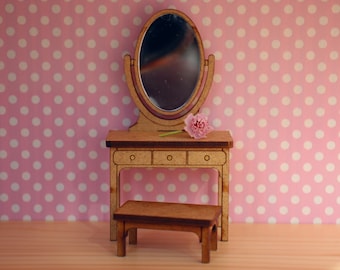 Kit DIY miniature dressing table with mirror for roombox and dollhouses 1/12 or 1/16 scale, educational instructive game