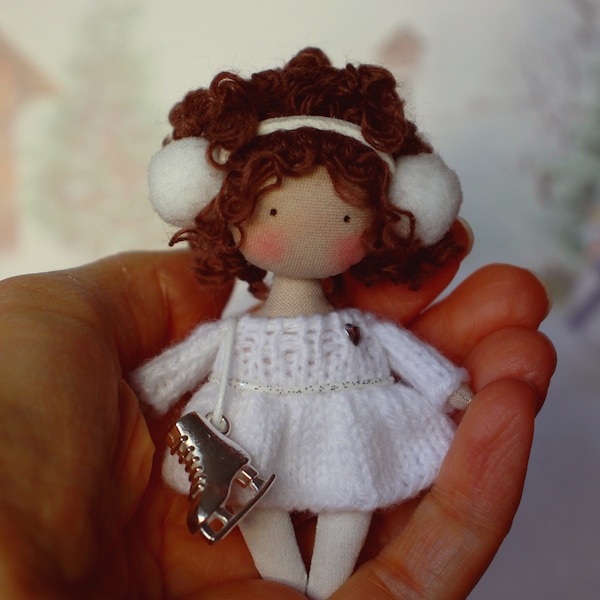 Personalized gift for Christmas for mom or granny miniature cloth doll in winter outfit, mini rag textile doll, fabric doll in white dress