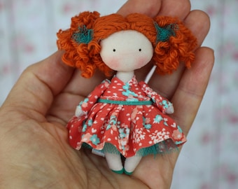 Cute mini fabric handmade redhead doll for dollhouse 1/12 scale perfect birthday gift for curly girl