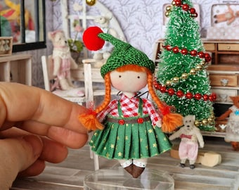 Cadeau Noël Petite Elfe de Noël, poupée miniature de chiffon, poupée textile pour la maison de poupée 1/12