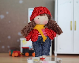 Cloth doll for the dollhouse in pants and red or blue jacket, cute Christmas gift