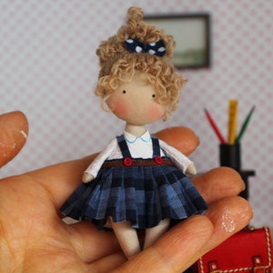 Miniature cloth doll schoolgirl graduation or back to school gift tiny textile doll for dollhouse or roombox 1:16,  rag doll, fabric doll