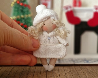 Personalized gift for Christmas for mom or granny miniature cloth doll in winter outfit, mini rag textile doll, fabric doll in white dress