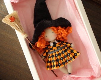 Little rag doll Halloween Witch with her black hat, cloth doll nice and magical gift to say I love you, Halloween decoration