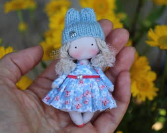 Little handmade OOAK  fabric Rabbit Bunny doll for 1/12th scale dollhouse